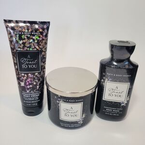 A Toast To You Bath & Body Works Set 3 Wick Candle, Body Wash, Body Cream Bundle